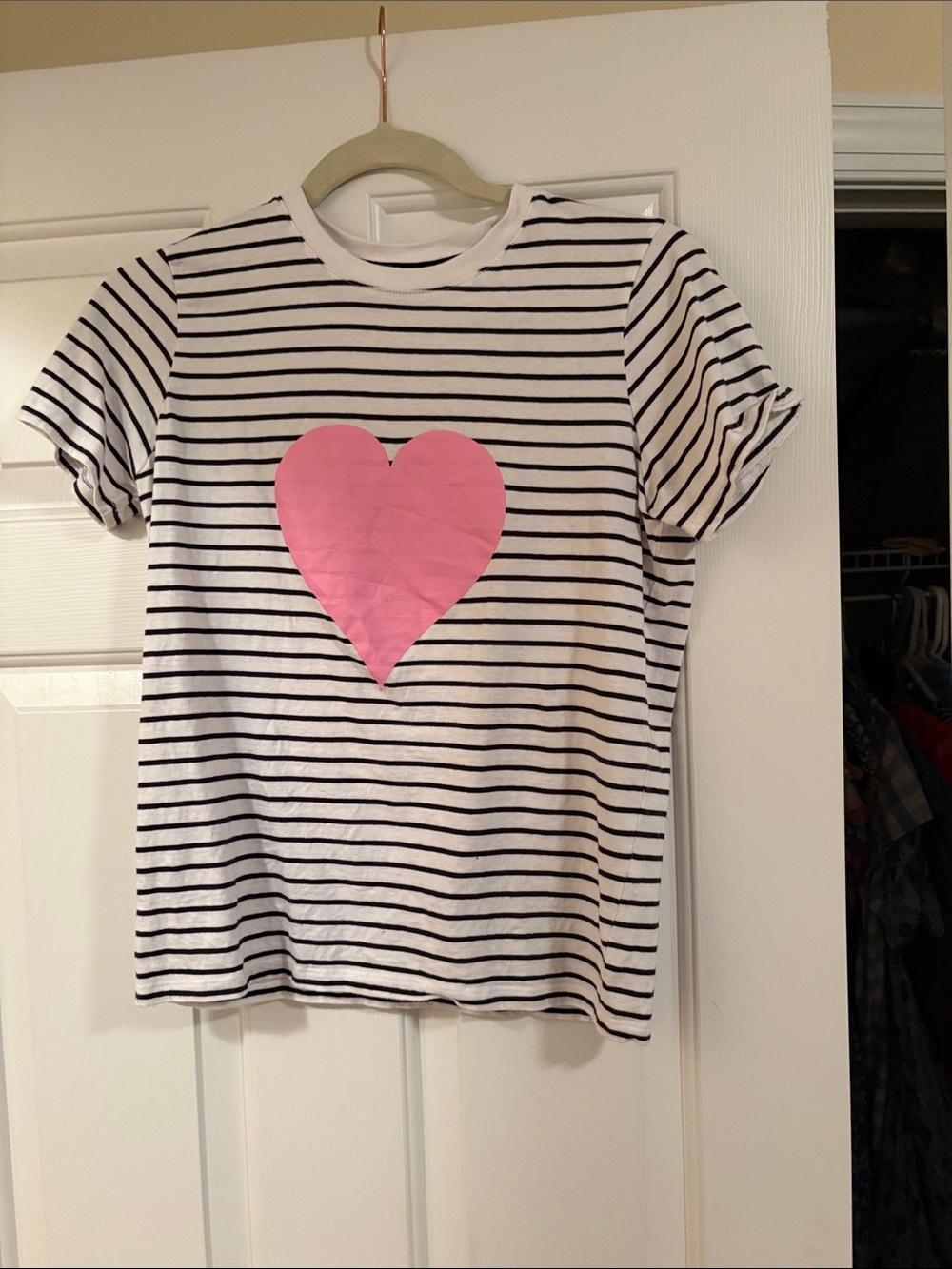 Striped Heart Graphic  Tee - Pink Heart